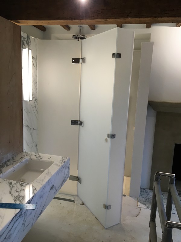 Bespoke frosted glass shower enclosure in Gerrards Cross luxury bathroom
